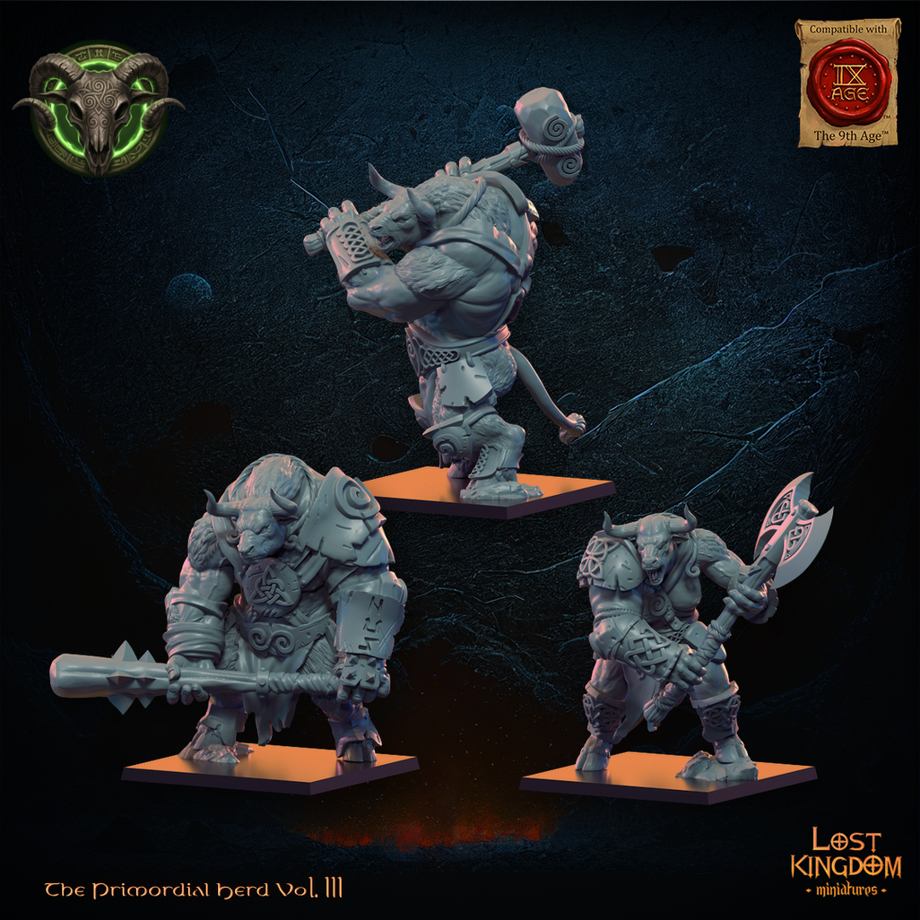 Wildhorn Minotaurs, three-quarter view from the left, Lost Kingdom Miniatures render