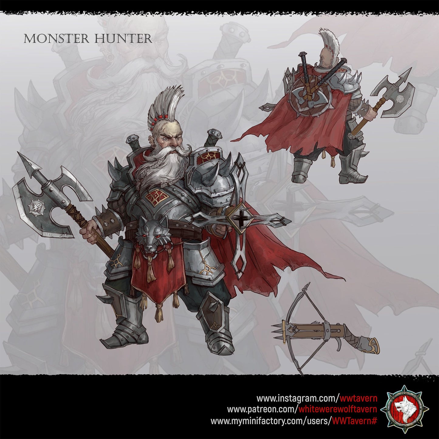 Render of The Monster Hunter | 32-75mm Dwarf Hunter Resin Miniature: Grizzled dwarf monster hunter in heavy plate with a poleaxe, heavy crossbow, and twin back-slung swords. 32mm and 75mm 3D printed resin miniature.