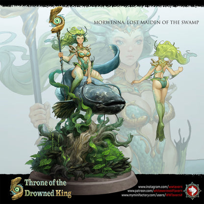 Render of Morwenna Lost Maiden | 32-75mm Swamp Rider Miniature: Swamp maiden riding a giant catfish with fish-totem staff, from White Werewolf's Throne of the Drowned King. 32-75mm 3D printed resin miniature.