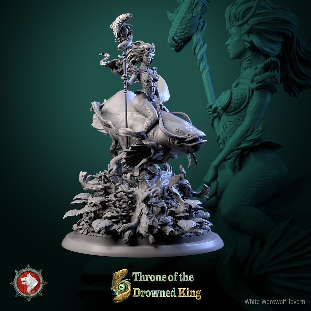 Render of Morwenna Lost Maiden | 32-75mm Swamp Rider Miniature: Swamp maiden riding a giant catfish with fish-totem staff, from White Werewolf's Throne of the Drowned King. 32-75mm 3D printed resin miniature.