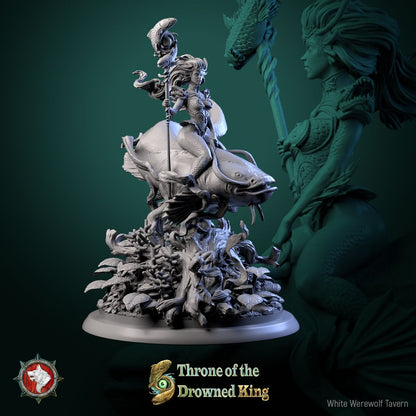 Render of Morwenna Lost Maiden | 32-75mm Swamp Rider Miniature: Swamp maiden riding a giant catfish with fish-totem staff, from White Werewolf's Throne of the Drowned King. 32-75mm 3D printed resin miniature.