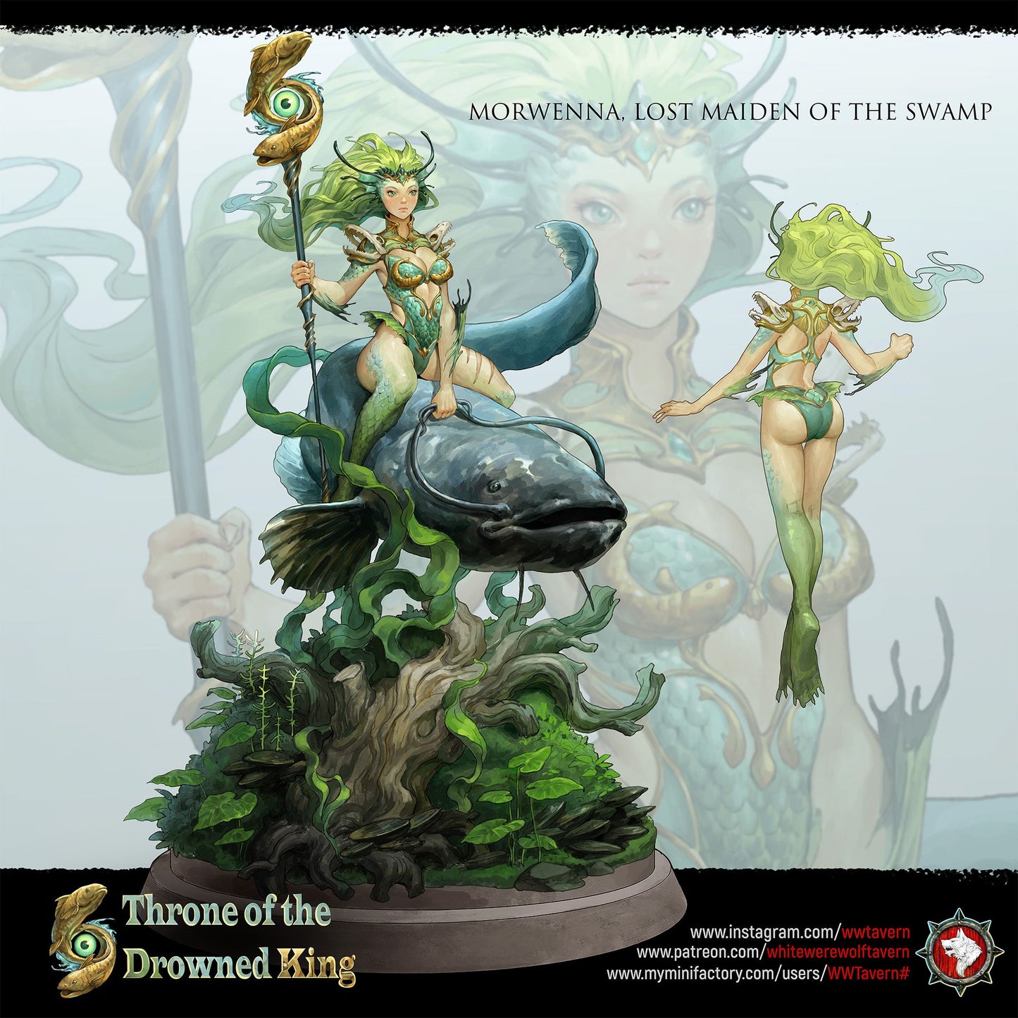 Render of Morwenna Bust | Swamp Maiden Collector Bust: Wild-haired swamp maiden bust with scaled bodice and shoulder fins, from White Werewolf's Throne of the Drowned King. 3D printed resin bust.