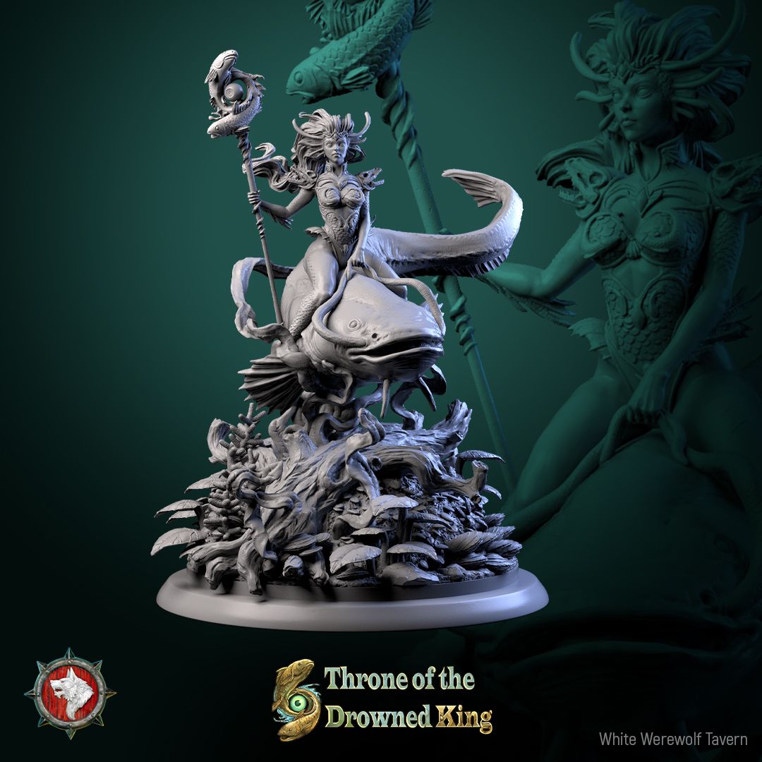 Render of Morwenna Lost Maiden | 32-75mm Swamp Rider Miniature: Swamp maiden riding a giant catfish with fish-totem staff, from White Werewolf's Throne of the Drowned King. 32-75mm 3D printed resin miniature.