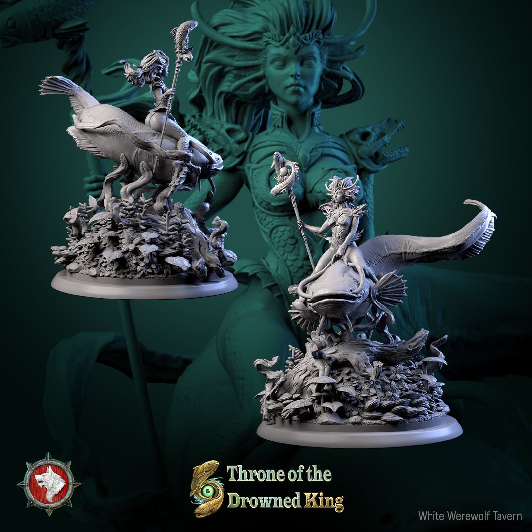 Render of Morwenna Lost Maiden | 32-75mm Swamp Rider Miniature: Swamp maiden riding a giant catfish with fish-totem staff, from White Werewolf's Throne of the Drowned King. 32-75mm 3D printed resin miniature.