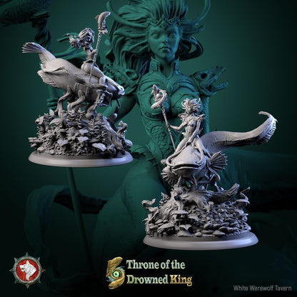 Render of Morwenna Lost Maiden | 32-75mm Swamp Rider Miniature: Swamp maiden riding a giant catfish with fish-totem staff, from White Werewolf's Throne of the Drowned King. 32-75mm 3D printed resin miniature.