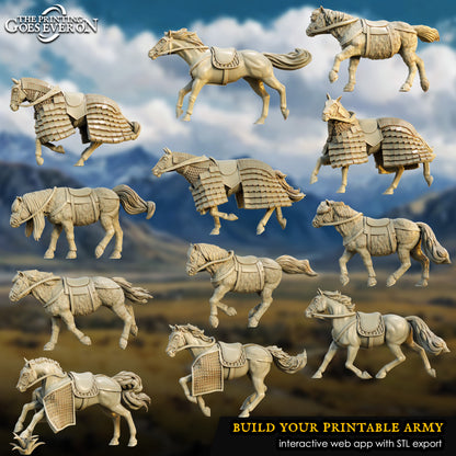 Sea Raider Mounts, Viking and medieval horse mounts for cavalry kitbashing, 32mm resin miniatures by The Printing Goes Ever On