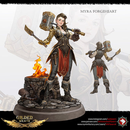 Render of Myra Forgeheart | 32-75mm Smith Heroine Miniature: Forge heroine with rune battle hammer and tongs on an anvil round, from White Werewolf's Gilded Wrath. 32-75mm 3D printed resin miniature.