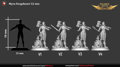 Render of Myra Forgeheart | 32-75mm Smith Heroine Miniature: Forge heroine with rune battle hammer and tongs on an anvil round, from White Werewolf's Gilded Wrath. 32-75mm 3D printed resin miniature.