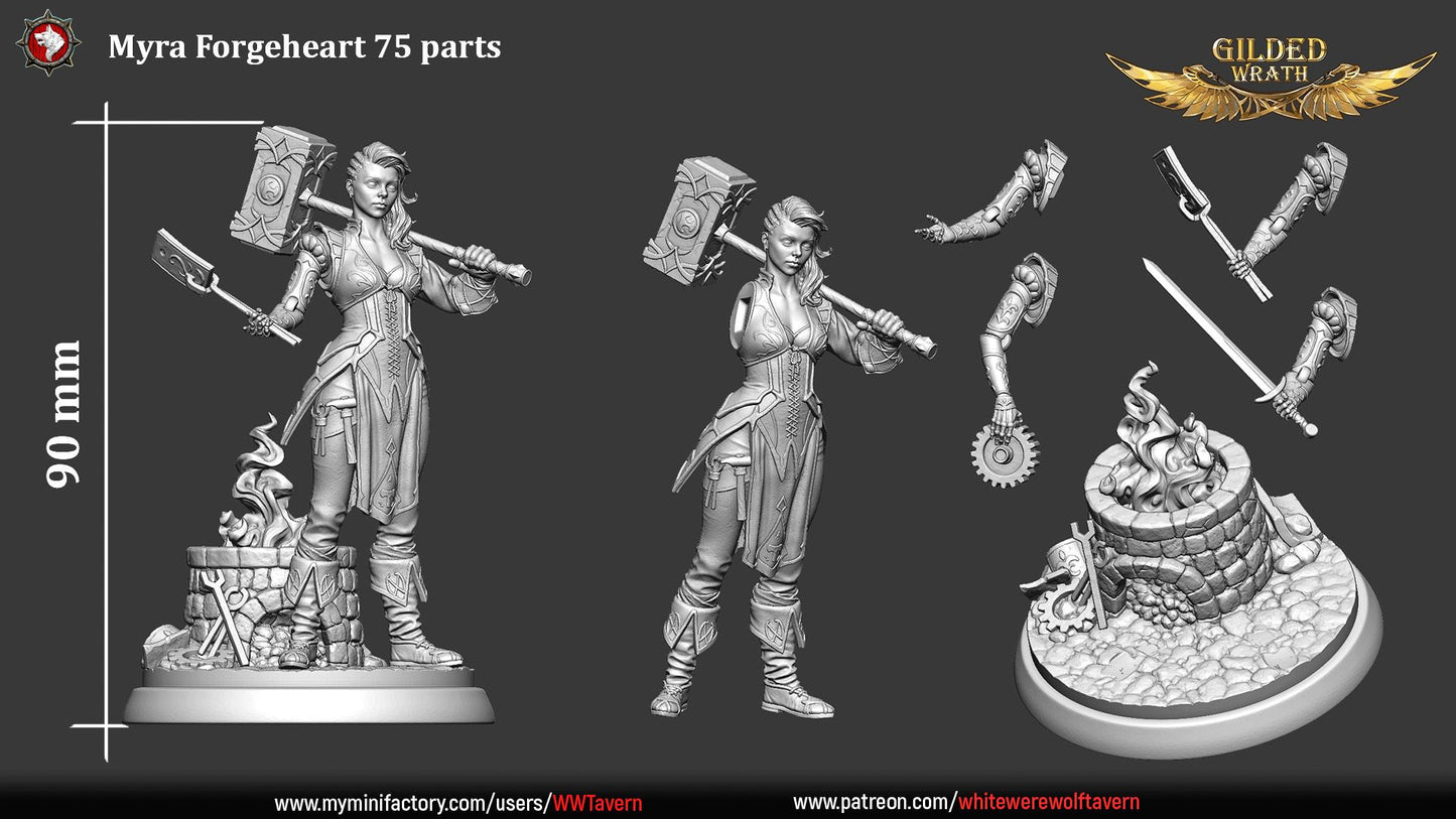 Render of Myra Forgeheart | 32-75mm Smith Heroine Miniature: Forge heroine with rune battle hammer and tongs on an anvil round, from White Werewolf's Gilded Wrath. 32-75mm 3D printed resin miniature.