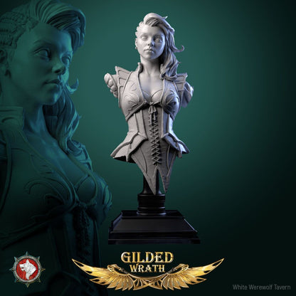 Render of Myra Forgeheart Bust | Smith Heroine Collector Bust: Forge heroine bust with laced corset and shoulder hammer, from White Werewolf's Gilded Wrath. 3D printed resin collector bust with stand.