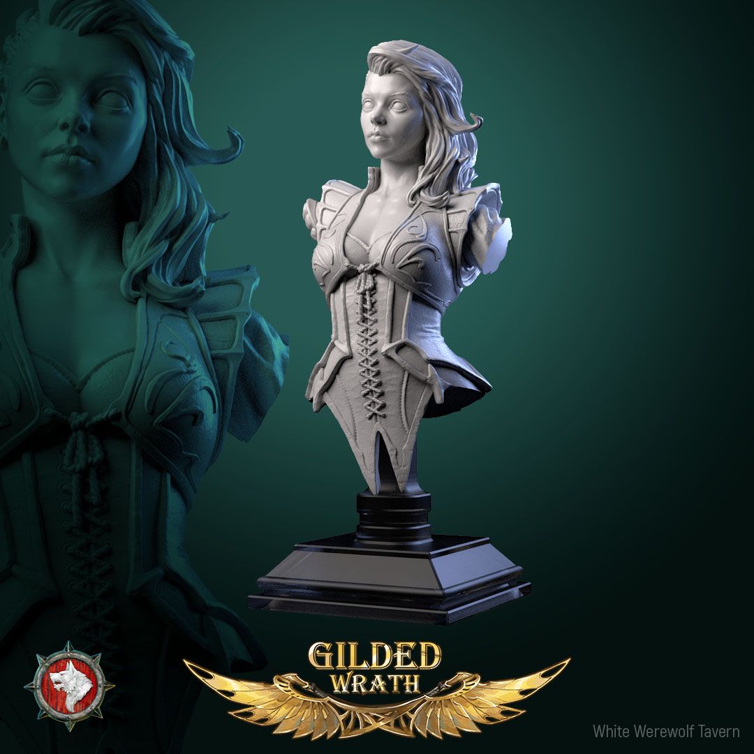 Render of Myra Forgeheart Bust | Smith Heroine Collector Bust: Forge heroine bust with laced corset and shoulder hammer, from White Werewolf's Gilded Wrath. 3D printed resin collector bust with stand.