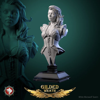 Render of Myra Forgeheart Bust | Smith Heroine Collector Bust: Forge heroine bust with laced corset and shoulder hammer, from White Werewolf's Gilded Wrath. 3D printed resin collector bust with stand.