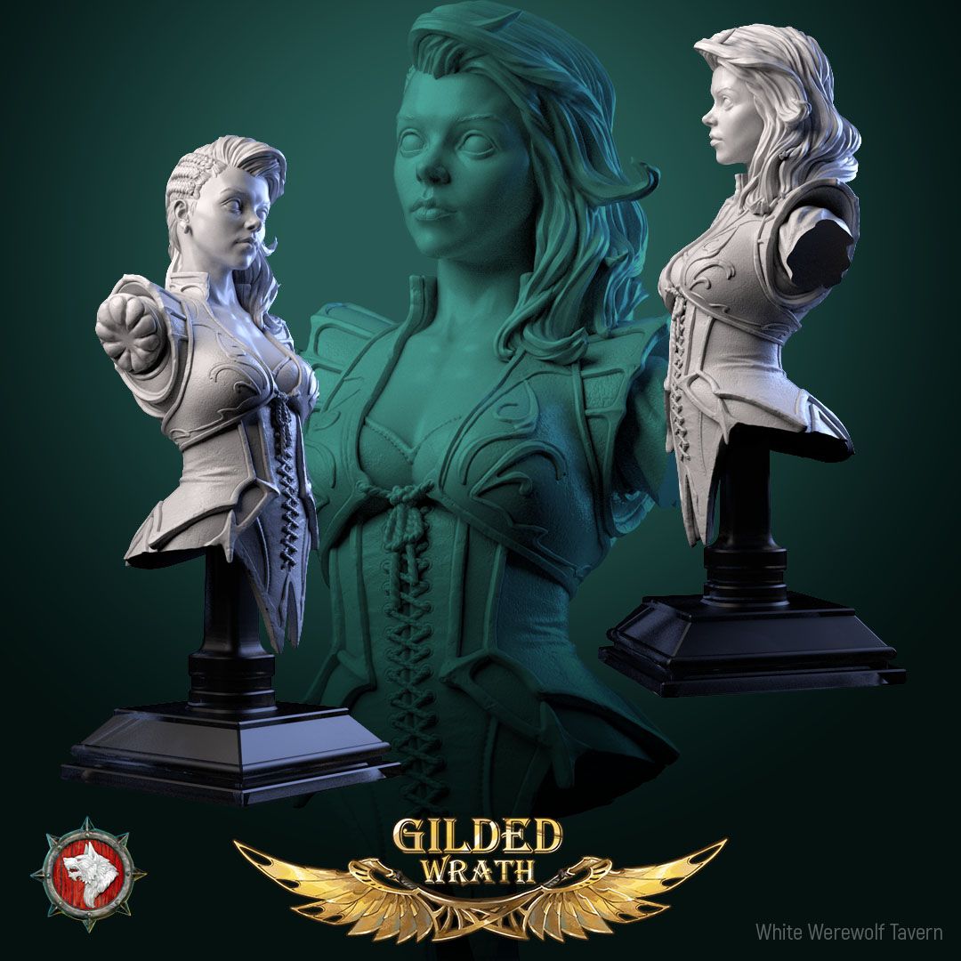 Render of Myra Forgeheart Bust | Smith Heroine Collector Bust: Forge heroine bust with laced corset and shoulder hammer, from White Werewolf's Gilded Wrath. 3D printed resin collector bust with stand.