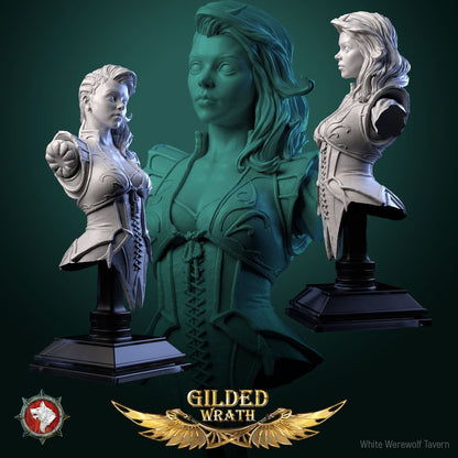 Render of Myra Forgeheart Bust | Smith Heroine Collector Bust: Forge heroine bust with laced corset and shoulder hammer, from White Werewolf's Gilded Wrath. 3D printed resin collector bust with stand.