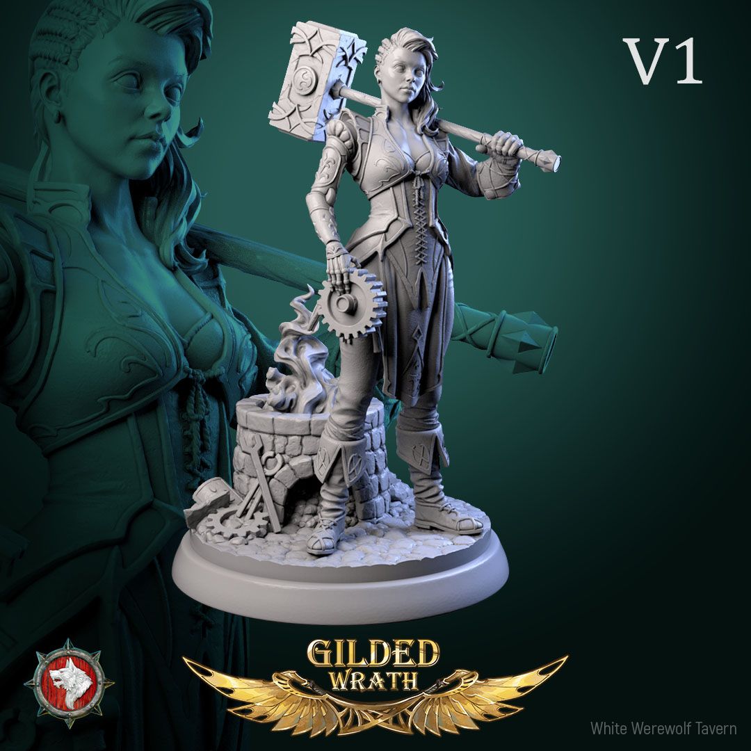 Render of Myra Forgeheart | 32-75mm Smith Heroine Miniature: Forge heroine with rune battle hammer and tongs on an anvil round, from White Werewolf's Gilded Wrath. 32-75mm 3D printed resin miniature.