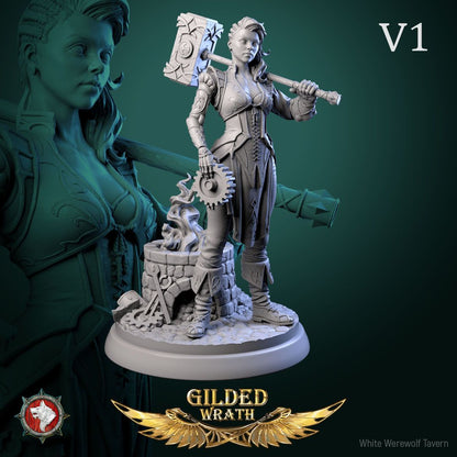Render of Myra Forgeheart | 32-75mm Smith Heroine Miniature: Forge heroine with rune battle hammer and tongs on an anvil round, from White Werewolf's Gilded Wrath. 32-75mm 3D printed resin miniature.