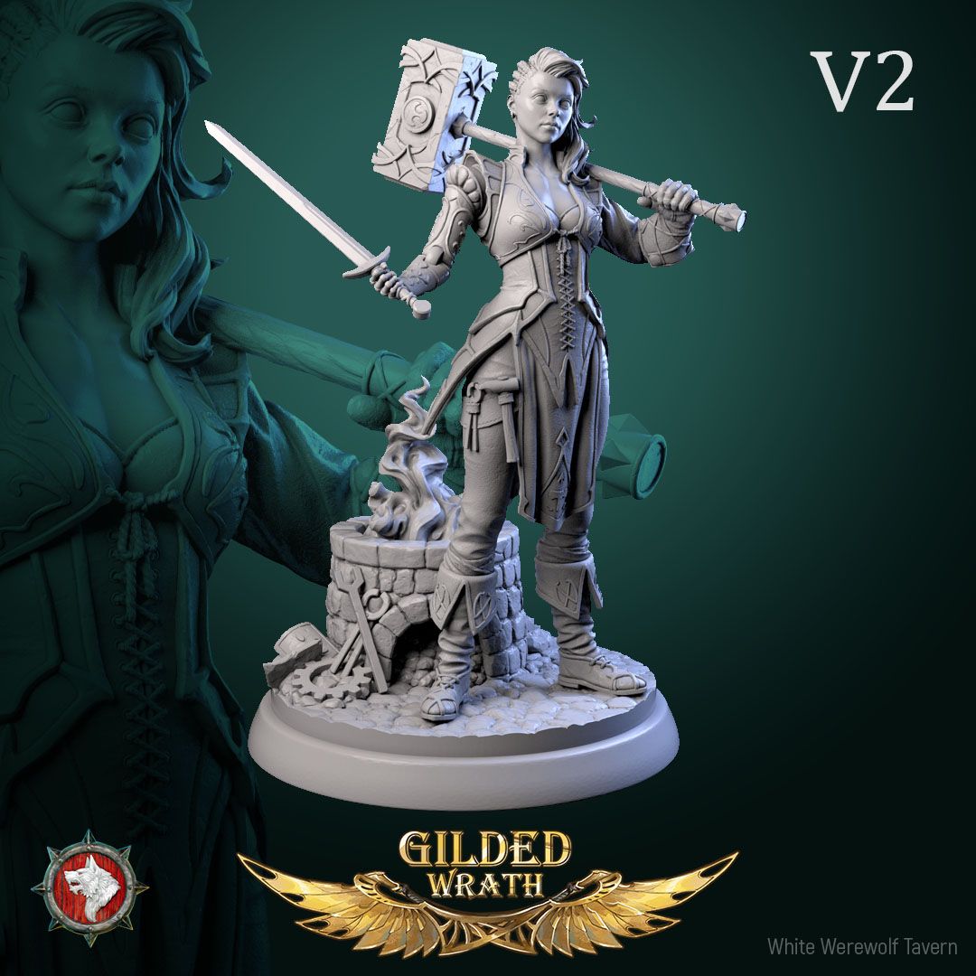 Render of Myra Forgeheart | 32-75mm Smith Heroine Miniature: Forge heroine with rune battle hammer and tongs on an anvil round, from White Werewolf's Gilded Wrath. 32-75mm 3D printed resin miniature.