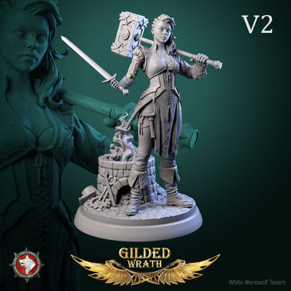 Render of Myra Forgeheart | 32-75mm Smith Heroine Miniature: Forge heroine with rune battle hammer and tongs on an anvil round, from White Werewolf's Gilded Wrath. 32-75mm 3D printed resin miniature.