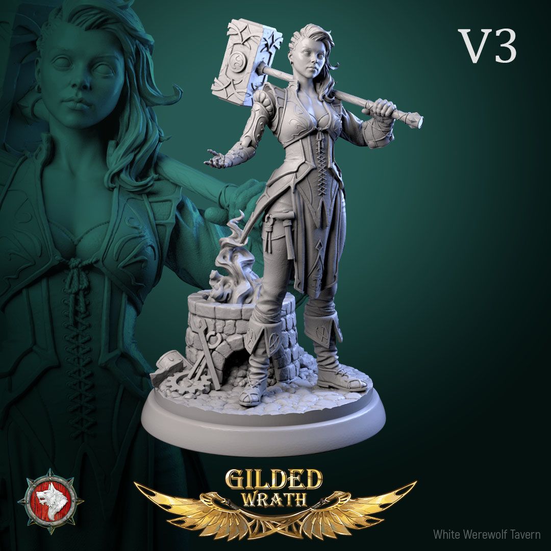 Render of Myra Forgeheart | 32-75mm Smith Heroine Miniature: Forge heroine with rune battle hammer and tongs on an anvil round, from White Werewolf's Gilded Wrath. 32-75mm 3D printed resin miniature.