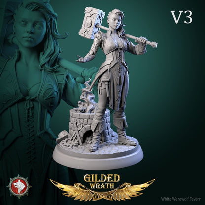 Render of Myra Forgeheart | 32-75mm Smith Heroine Miniature: Forge heroine with rune battle hammer and tongs on an anvil round, from White Werewolf's Gilded Wrath. 32-75mm 3D printed resin miniature.