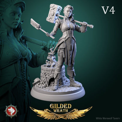 Render of Myra Forgeheart | 32-75mm Smith Heroine Miniature: Forge heroine with rune battle hammer and tongs on an anvil round, from White Werewolf's Gilded Wrath. 32-75mm 3D printed resin miniature.