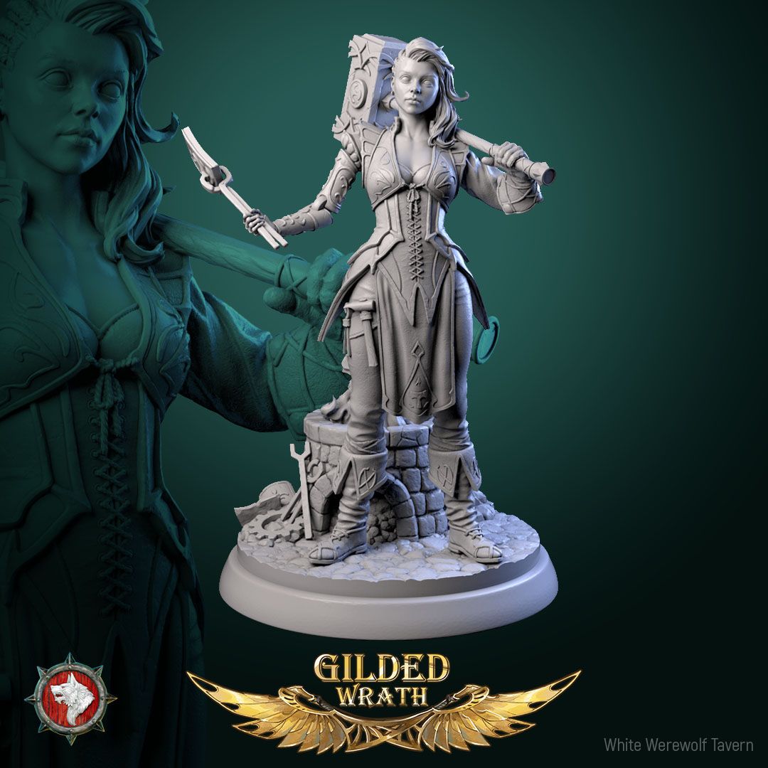 Render of Myra Forgeheart | 32-75mm Smith Heroine Miniature: Forge heroine with rune battle hammer and tongs on an anvil round, from White Werewolf's Gilded Wrath. 32-75mm 3D printed resin miniature.