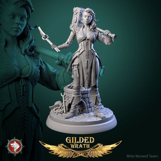 Render of Myra Forgeheart | 32-75mm Smith Heroine Miniature: Forge heroine with rune battle hammer and tongs on an anvil round, from White Werewolf's Gilded Wrath. 32-75mm 3D printed resin miniature.