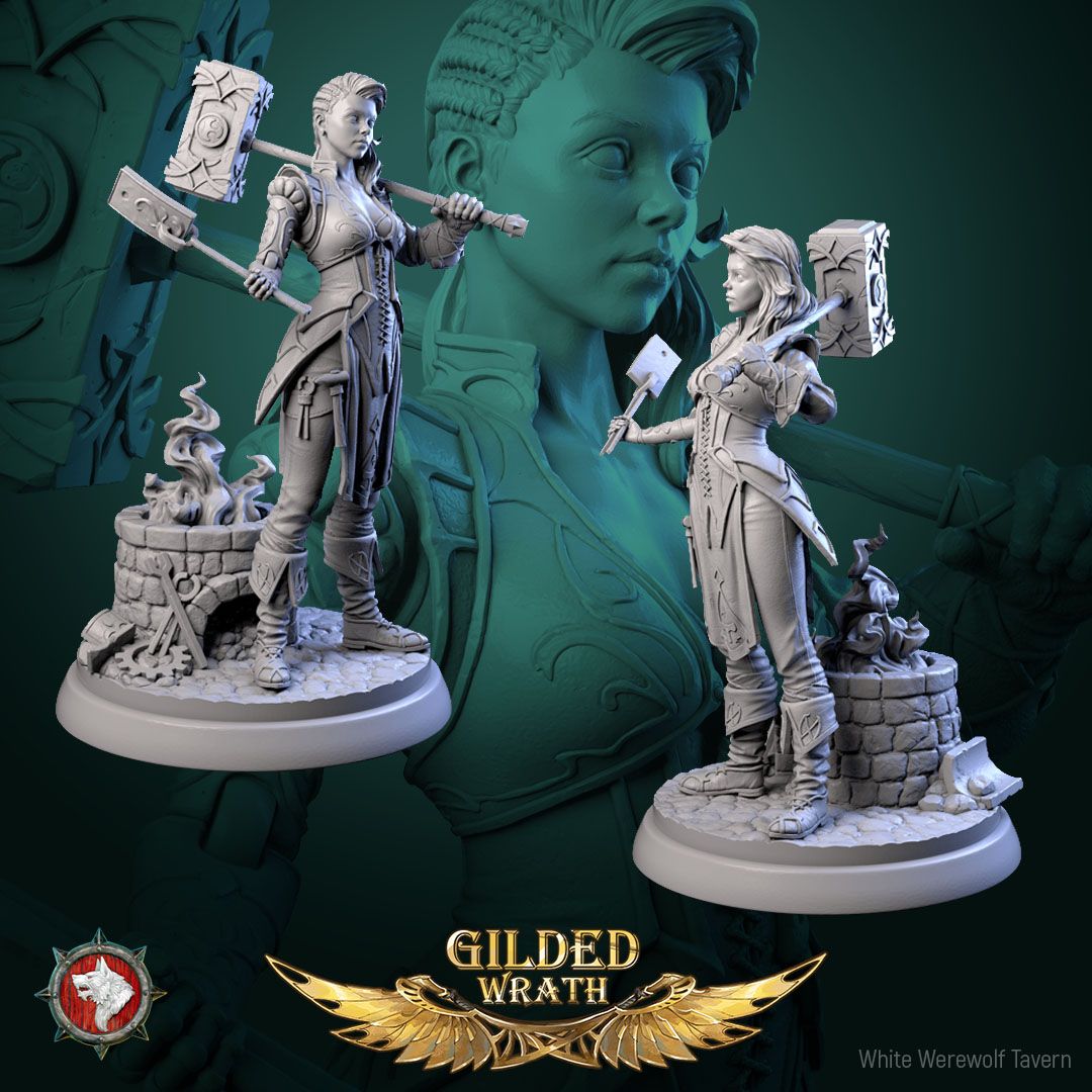 Render of Myra Forgeheart | 32-75mm Smith Heroine Miniature: Forge heroine with rune battle hammer and tongs on an anvil round, from White Werewolf's Gilded Wrath. 32-75mm 3D printed resin miniature.