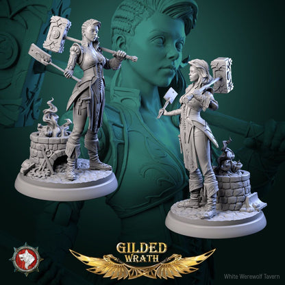 Render of Myra Forgeheart | 32-75mm Smith Heroine Miniature: Forge heroine with rune battle hammer and tongs on an anvil round, from White Werewolf's Gilded Wrath. 32-75mm 3D printed resin miniature.