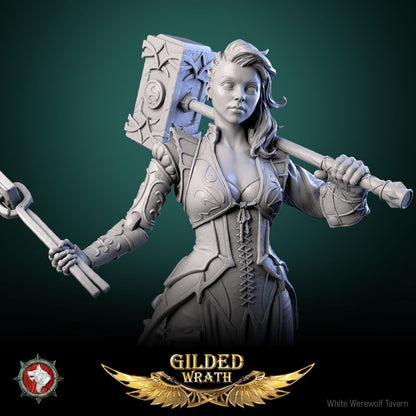 Render of Myra Forgeheart | 32-75mm Smith Heroine Miniature: Forge heroine with rune battle hammer and tongs on an anvil round, from White Werewolf's Gilded Wrath. 32-75mm 3D printed resin miniature.