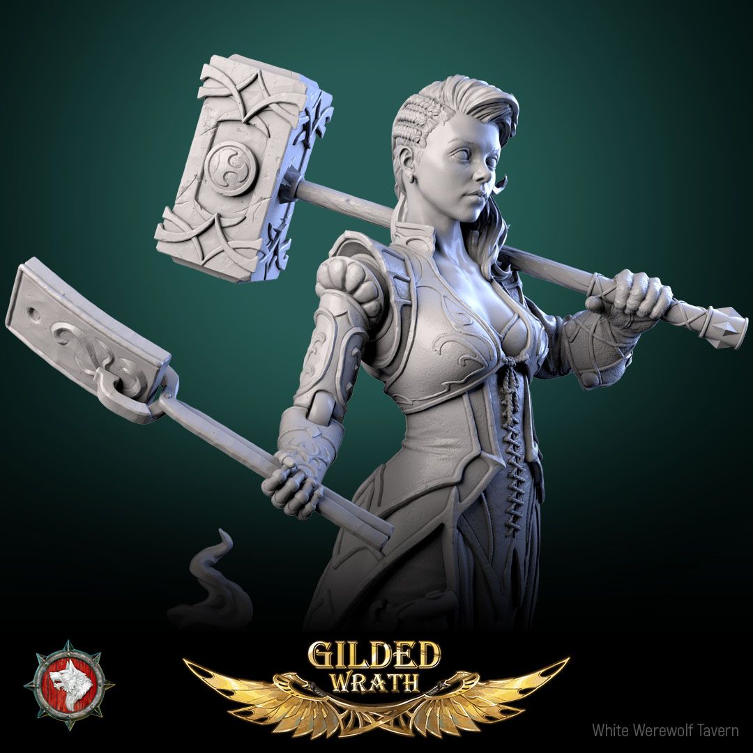 Render of Myra Forgeheart | 32-75mm Smith Heroine Miniature: Forge heroine with rune battle hammer and tongs on an anvil round, from White Werewolf's Gilded Wrath. 32-75mm 3D printed resin miniature.