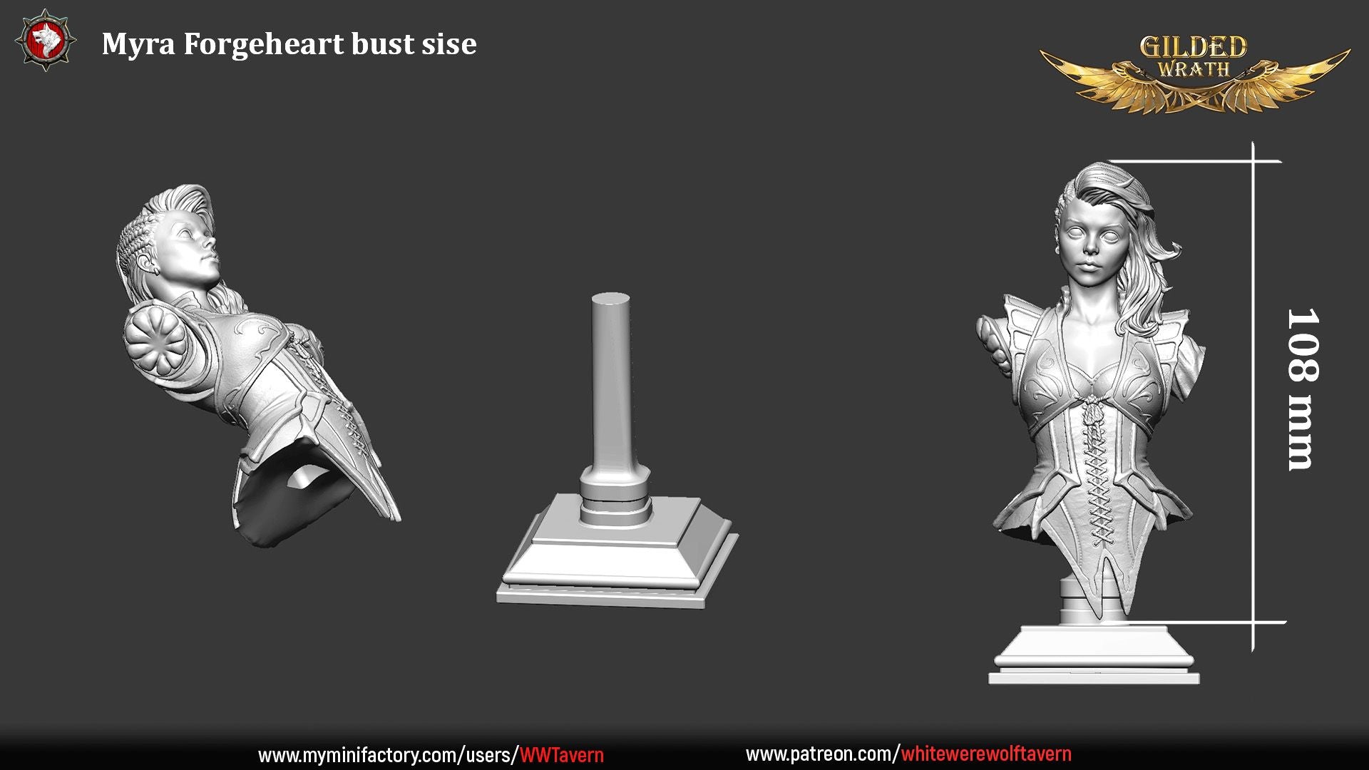 Render of Myra Forgeheart Bust | Smith Heroine Collector Bust: Forge heroine bust with laced corset and shoulder hammer, from White Werewolf's Gilded Wrath. 3D printed resin collector bust with stand.