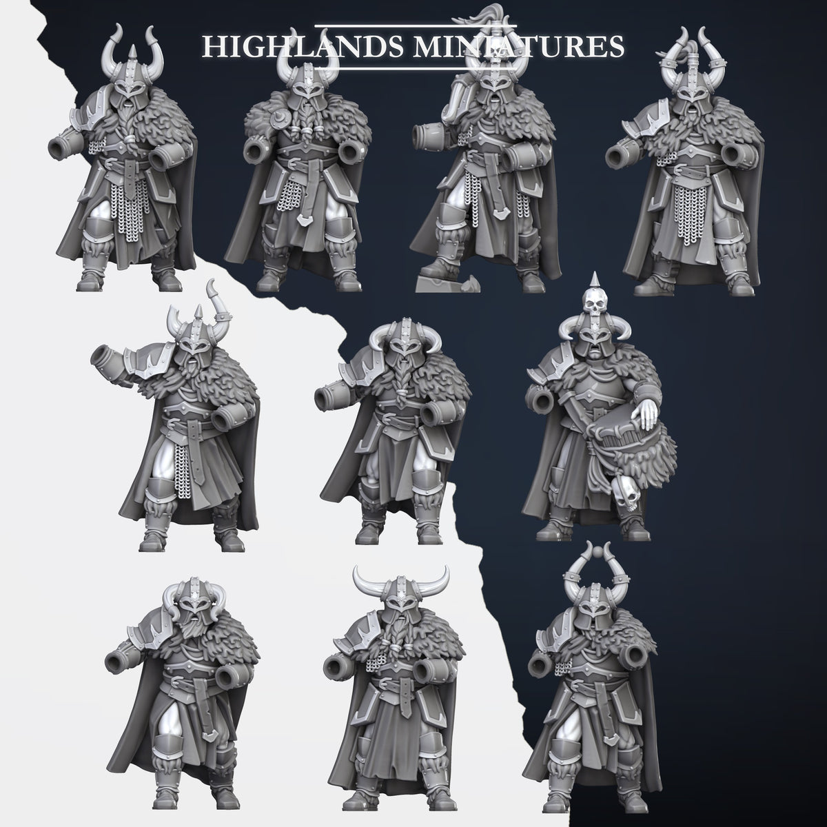 Norse Huscarls modular bodies sheet: the seven huscarls plus captain, bannerman and musician with open weapon and shield sockets, Highlands Miniatures render