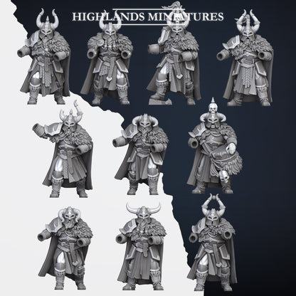 Norse Huscarls modular bodies sheet including the captain, bannerman and musician with open weapon and shield sockets, Highlands Miniatures render