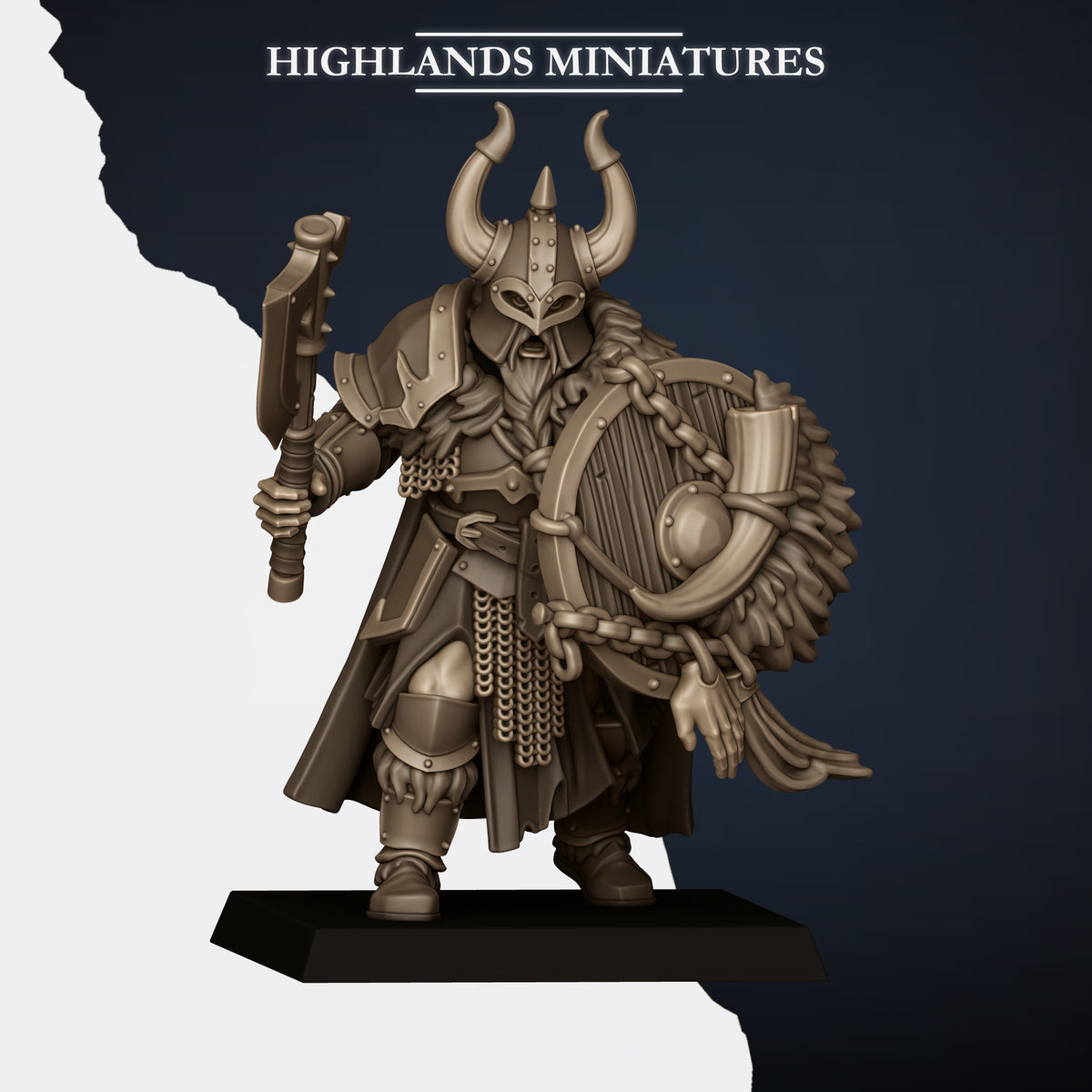 Norse Huscarls Model A, armoured huscarl with axe and round shield, horned spiked helm, Highlands Miniatures render