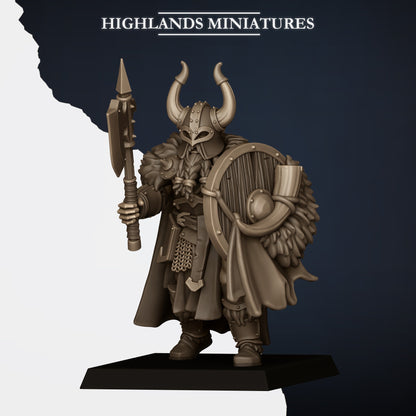 Norse Huscarls Model B, armoured huscarl with halberd and round shield, braided beard, Highlands Miniatures render