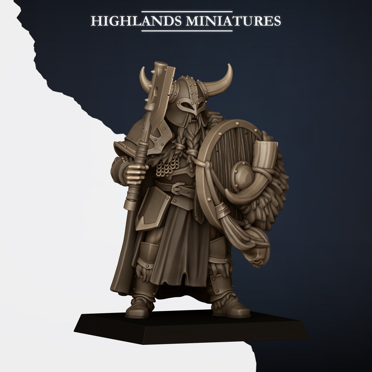 Norse Huscarls Model C, armoured huscarl with axe over the shoulder and round shield, wide horned helm, Highlands Miniatures render