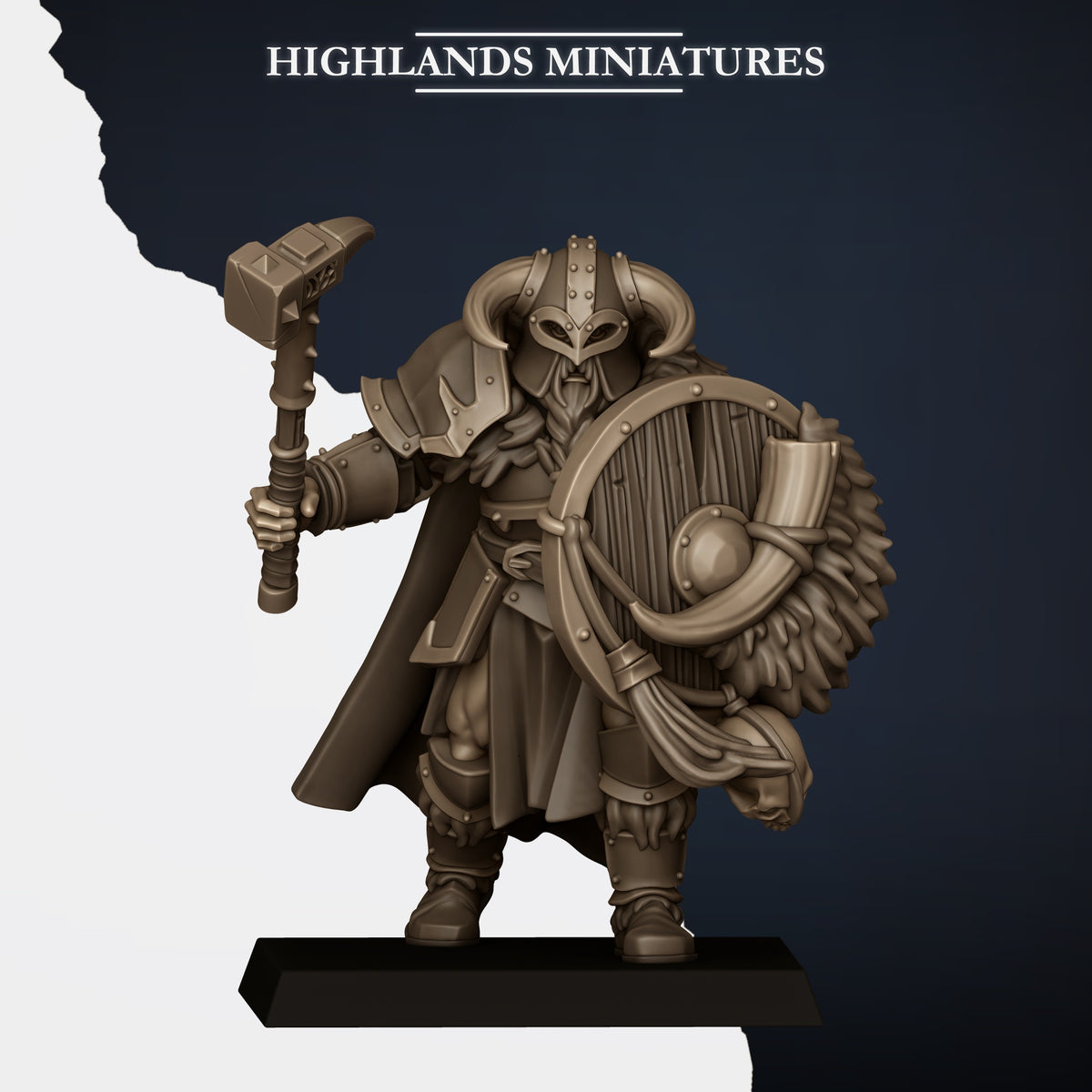 Norse Huscarls Model D, armoured huscarl with hammer and round shield, ram-horned helm, Highlands Miniatures render