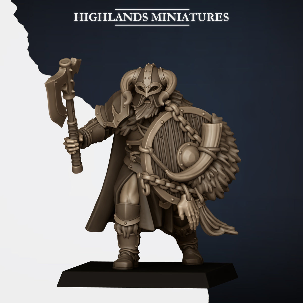 Norse Huscarls Model E, armoured huscarl with axe and chained round shield, curled horns, Highlands Miniatures render