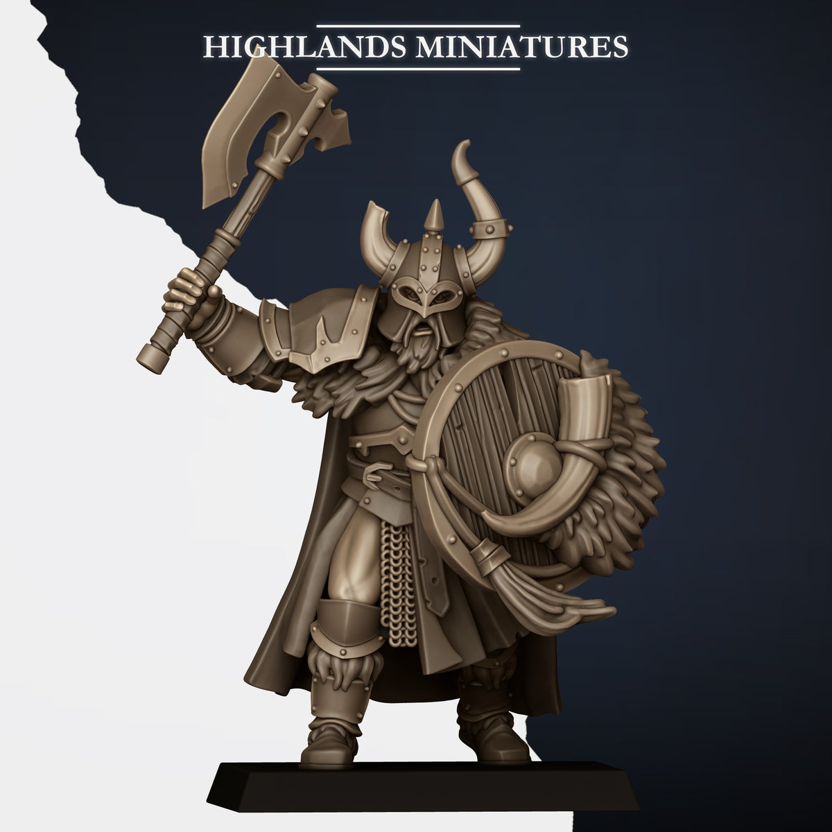 Norse Huscarls Model F, armoured huscarl with axe raised and round shield, broken horn, Highlands Miniatures render