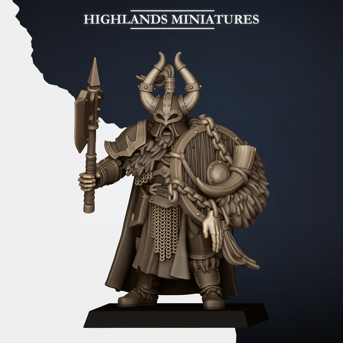 Norse Huscarls Model G, armoured huscarl with halberd and round shield, plumed horned helm, Highlands Miniatures render