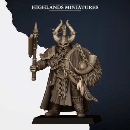 Norse Huscarls Model G, armoured huscarl with halberd and round shield, plumed horned helm, Highlands Miniatures render