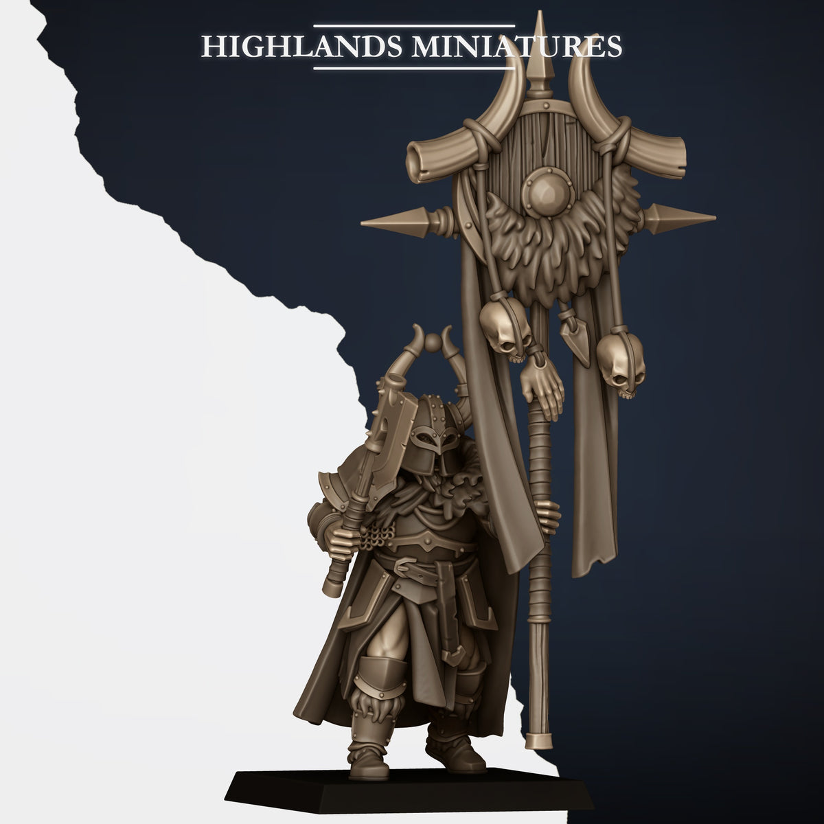 Norse Huscarls bannerman (sold in the command group listing), axe and the tall horned unit banner with skulls and hide, Highlands Miniatures render