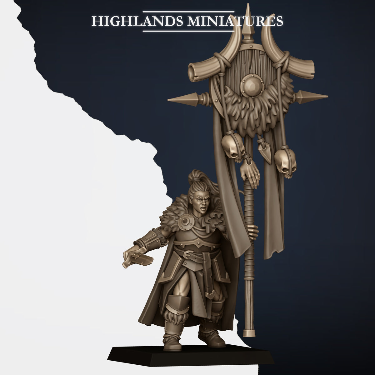 Norse Huscarls two-handed bannerman (sold in the Two-Handed Command Group listing), hand axe and the tall horned unit banner hung with skulls and hide, Highlands Miniatures render