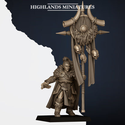 Norse Huscarls two-handed bannerman (sold in the Two-Handed Command Group listing), hand axe and the tall horned unit banner hung with skulls and hide, Highlands Miniatures render