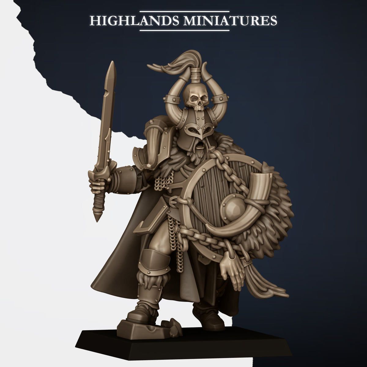 Norse Huscarls captain (sold in the command group listing), sword and chained round shield, skull and plume helm, Highlands Miniatures render
