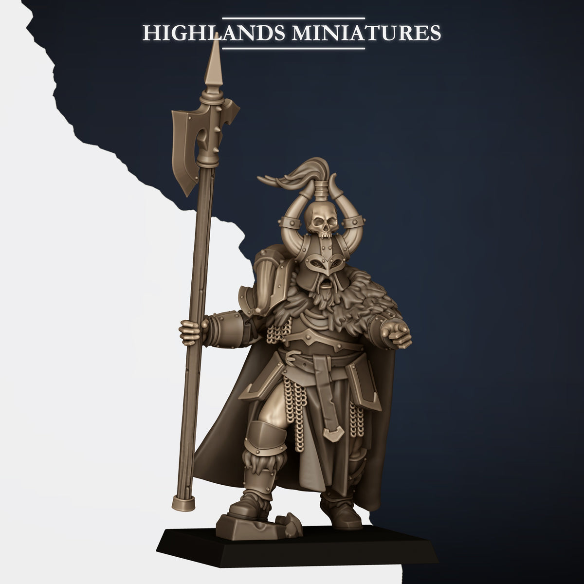 Norse Huscarls two-handed captain (sold in the Two-Handed Command Group listing), halberd in one hand and a pointing hand, skull-and-plume horned helm, Highlands Miniatures render