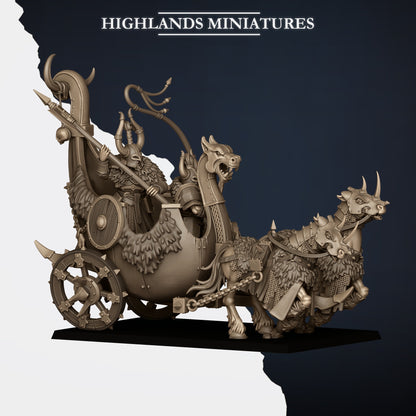Norse Huscarl Chariot, two-horse Viking war chariot with a halberdier and whip-driver crew, side view from the left, resin miniature by Highlands Miniatures
