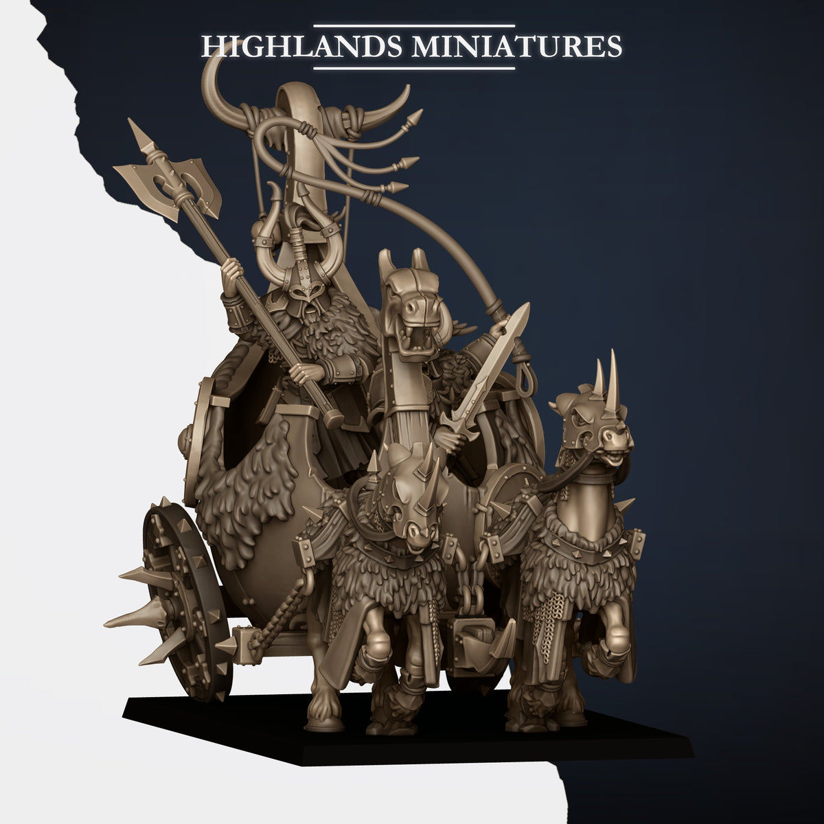Norse Huscarl Chariot, front three-quarter view showing the barded horses in horned chamfrons and the spiked wheels, Highlands Miniatures render