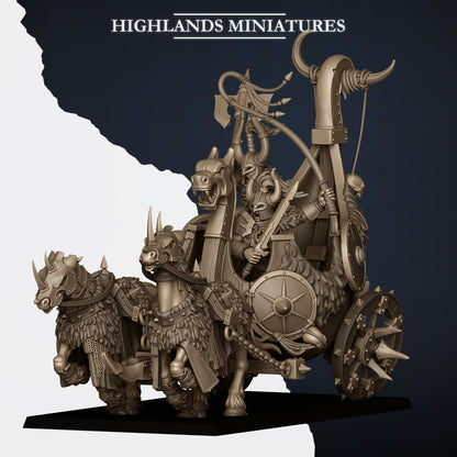 Norse Huscarl Chariot, side view from the right with the wolf-head yoke post and skull trophies, Highlands Miniatures render